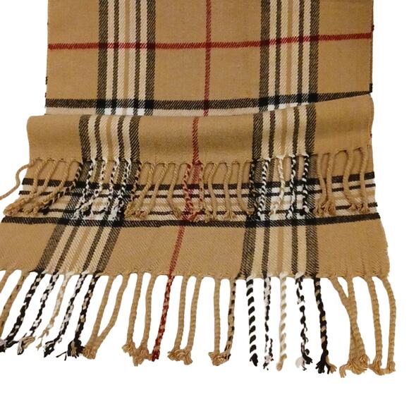 Classic Nova Check Scarf Tan Black Plaid Tartan Checkered Soft Fringed Luxe - Picture 2 of 5